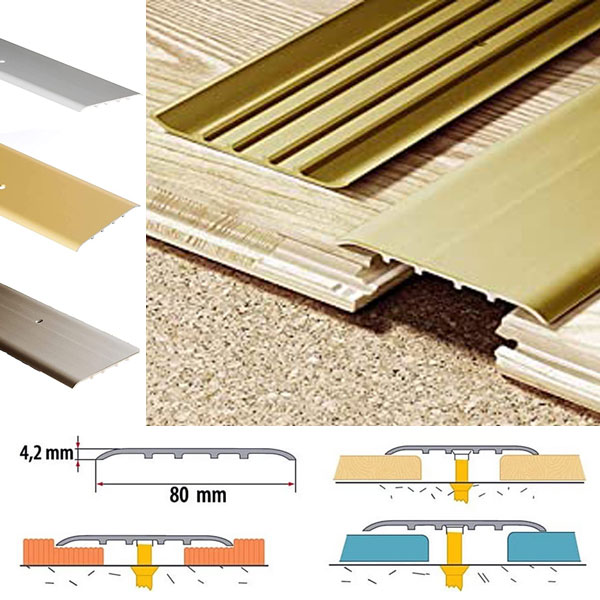 Anodised Aluminium Door Floor Trim- 80 mm (3.15") WIDTH, 1m (39.37") length, excellent for finishing in home, office or commercial. This Aluminium flooring strip is designed for connecting surfaces of undifferentiated height. This Carpet Profile Cover constitutes an aesthetic finish of laminate, terracotta, Fitted carpets and prevents stumbling over protruding edges. Door Floor Bars are an ideal solution for connecting fitted carpets with parquet floor or Terracota tiles, especially as they level out possible differences of levels. Material: Aluminium These products are easy to install for everyone from the DIY-er to the professional contractor.