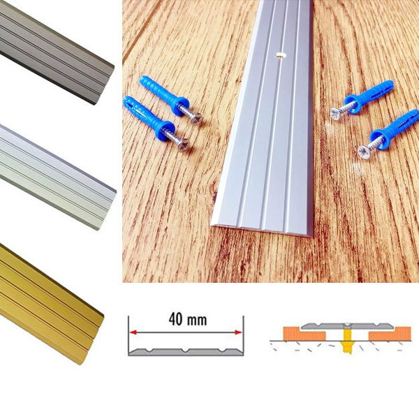 This strip is designed for connecting surfaces of undifferentiated height. It constitutes an aesthetic finish of laminates, terracotta, fitted carpets and prevents stumbling over protruding edges. This aluminium transition profile is secured by means of screws and plugs. Profile available in size: Dimensions: 1.57in x 39.37in (40mm x 1000mm) LEGNTH : 1 METER (39.37") Available in 3 colours of Silver, Gold Champagne. These products are easy to install for everyone from the DIY-er to the professional contractor. Screw Fix - our lino edge flooring trim comes with a single assembly system, consisting of screws and installation plugs. Simply drill holes and screw the screws into the floor, through the holes already present on your trim. Note: Light shooting and different displays may cause the color of the item in the picture a little different from the real thing. *PICTURES ARE FOR ILLUSTRATION PURPOSES ONLY* Note: Images are for Illustration Purposes Only.