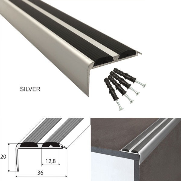 Aluminium Non-Slip Rubber Stair Nosing Edge Trim – Perfect for DIY Silver