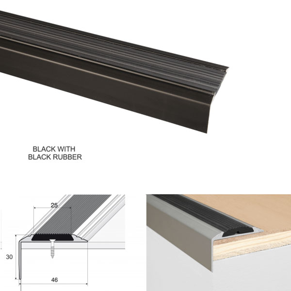 Black Aluminium Anti-Slip Stair Nosing Edge Trim With Rubber Insert