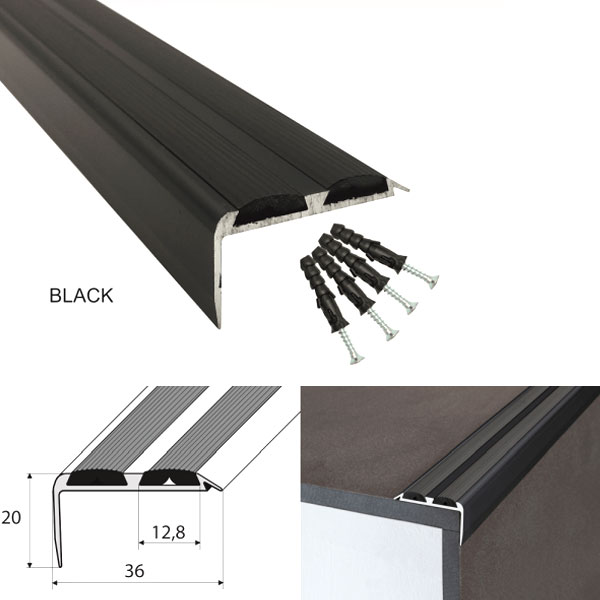 Black Aluminium Non-Slip Rubber Stair Nosing Edge Trim – Perfect for DIY