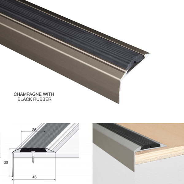 Champagne with black wAluminium Anti-Slip Stair Nosing Edge Trim With Rubber Insert