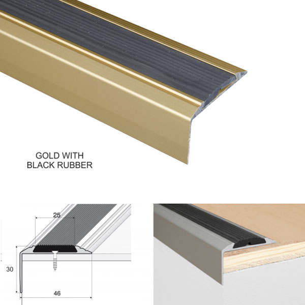 Gold with blackAluminium Anti-Slip Stair Nosing Edge Trim With Rubber Insert