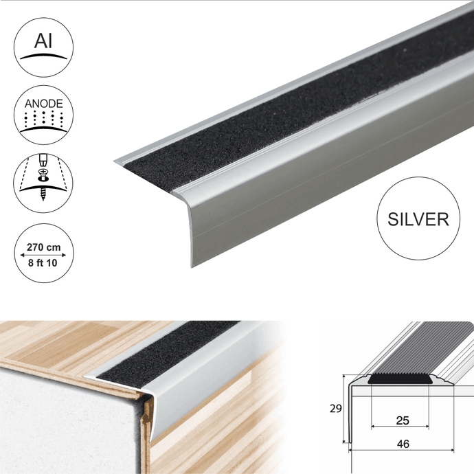 Silver Anti-Slip Aluminium Stair Nosing Edge Trim