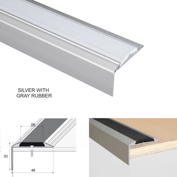 silverwithgreyAluminium Anti-Slip Stair Nosing Edge Trim With Rubber Insert